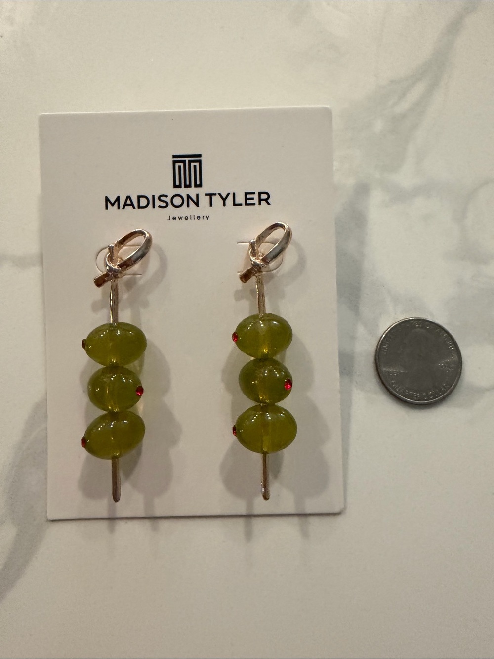 Madison Olive Bead Linear Drop Earrings with Red Accents